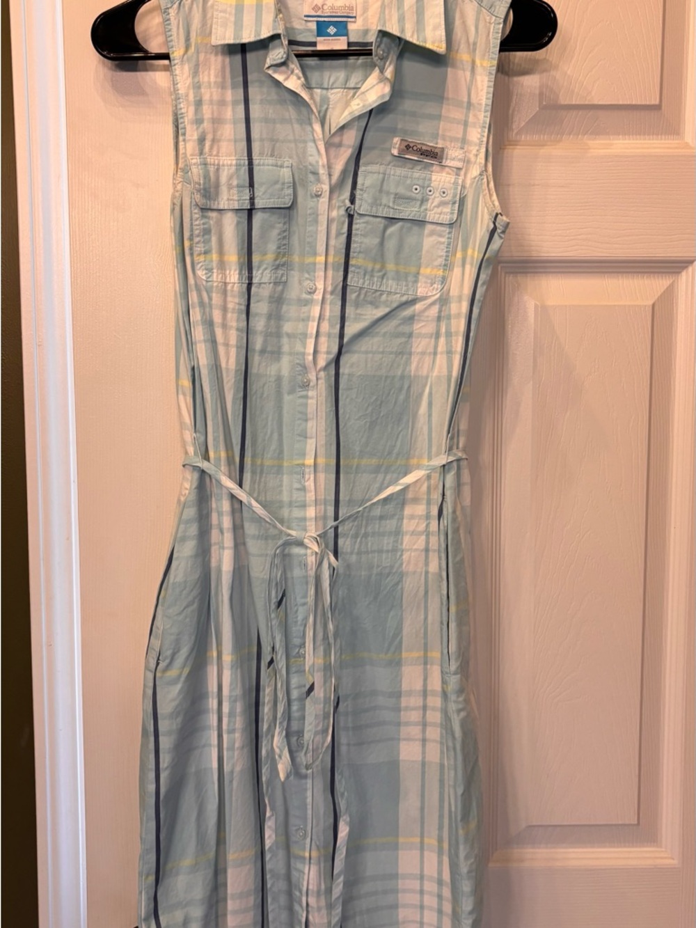 Columbia Light Blue Plaid Sleeveless Midi Shirt Dress